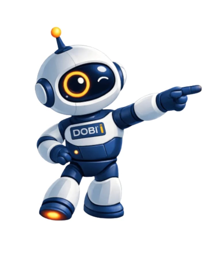 A cute cartoon robot with blue and white coloring, large glowing yellow eyes, and an antenna on its head, pointing forward with an animated expression.