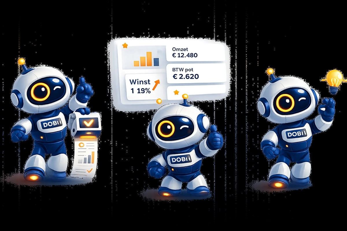Drie DOBi robots die financiële grafieken en metrics tonen