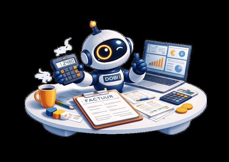 Cartoon robot assistant DOBi at desk with calculator, laptop, invoice and coffee cup