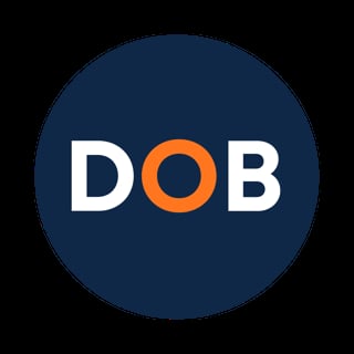 DOB logo with white letters and orange O on dark blue circular background